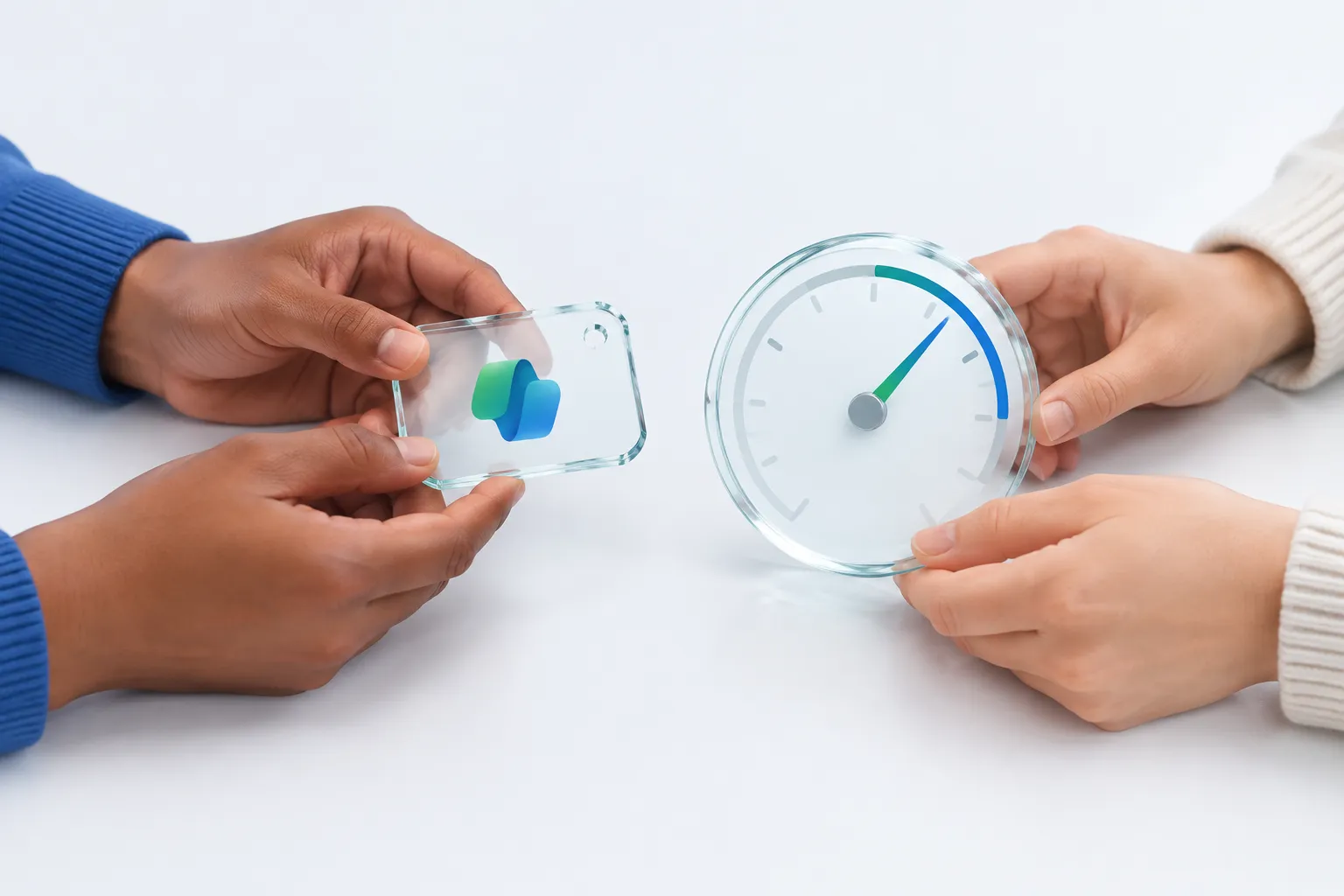 Hands holding a glass license tag next to a usage-frequency dial, representing what the Microsoft 365 AI adoption score counts.
