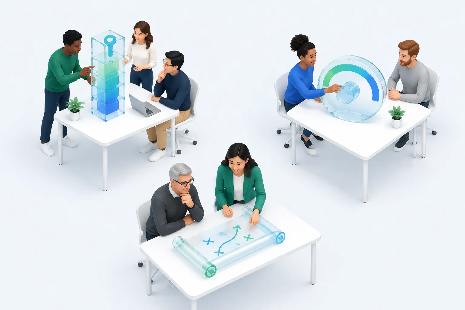 Illustration representing an AI maturity assessment from Microsoft split into separate licensing, usage and strategy signals in an office setting.