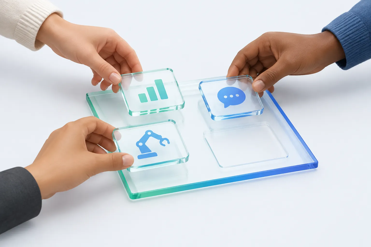 Hands assembling several Copilot usage report tiles into one panel, illustrating a Microsoft 365 Copilot usage report power BI build.