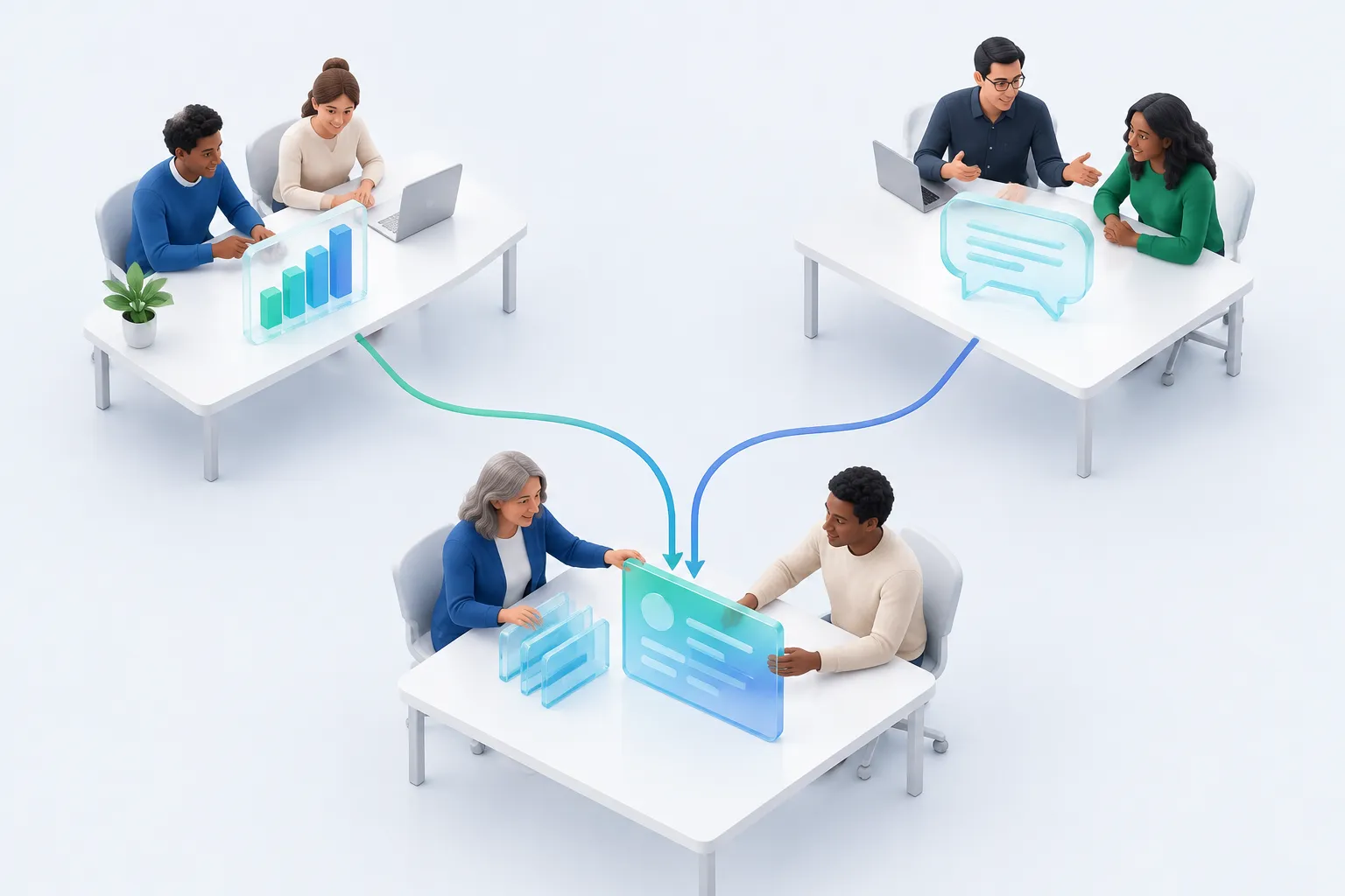 Illustration of colleagues at separate desks each holding a different Copilot report object, representing a Microsoft 365 Copilot usage report in Power BI combining several sources.