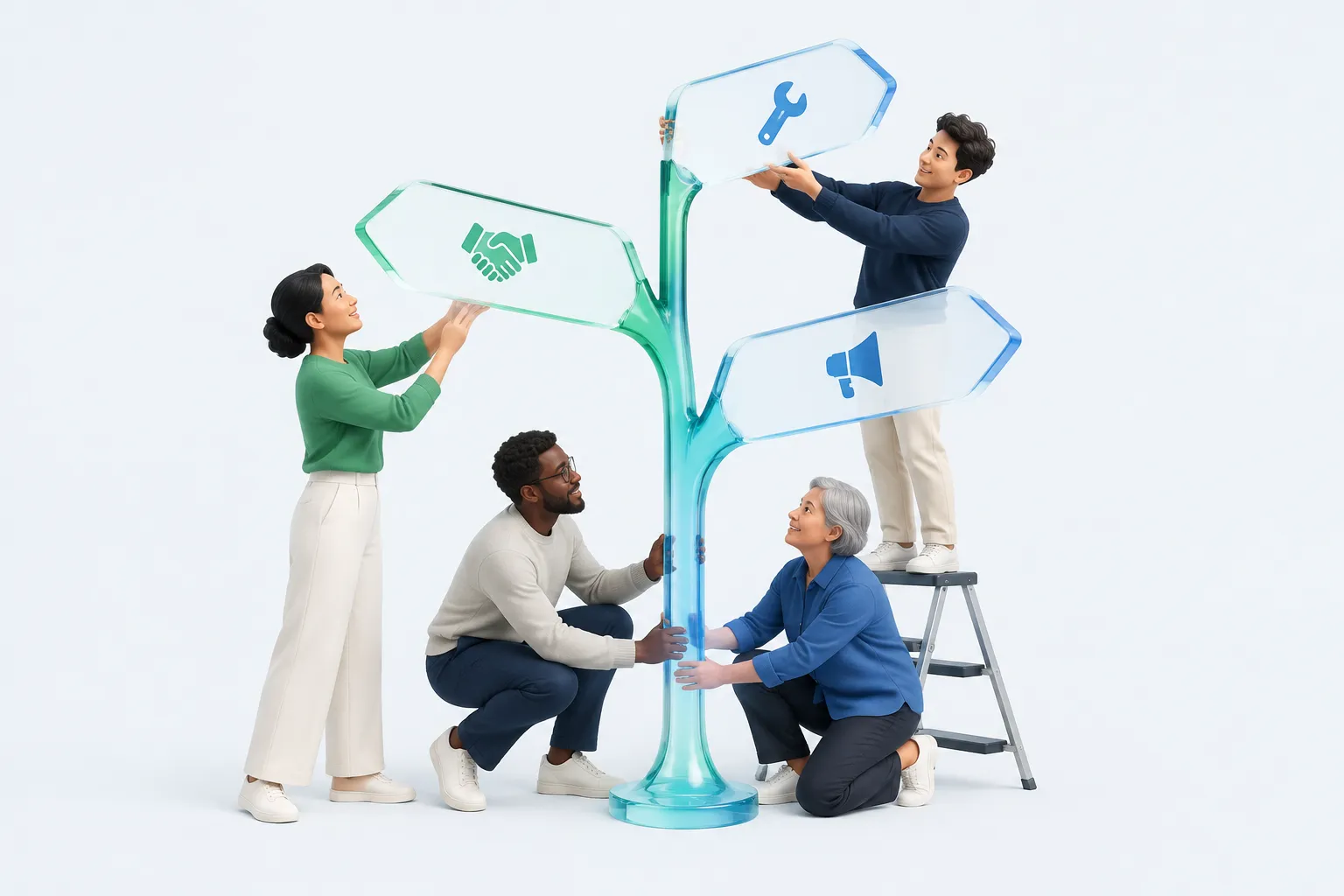 Three colleagues assembling a glass signpost representing an AI adoption strategy decision between workflow, trust and mandate levers.