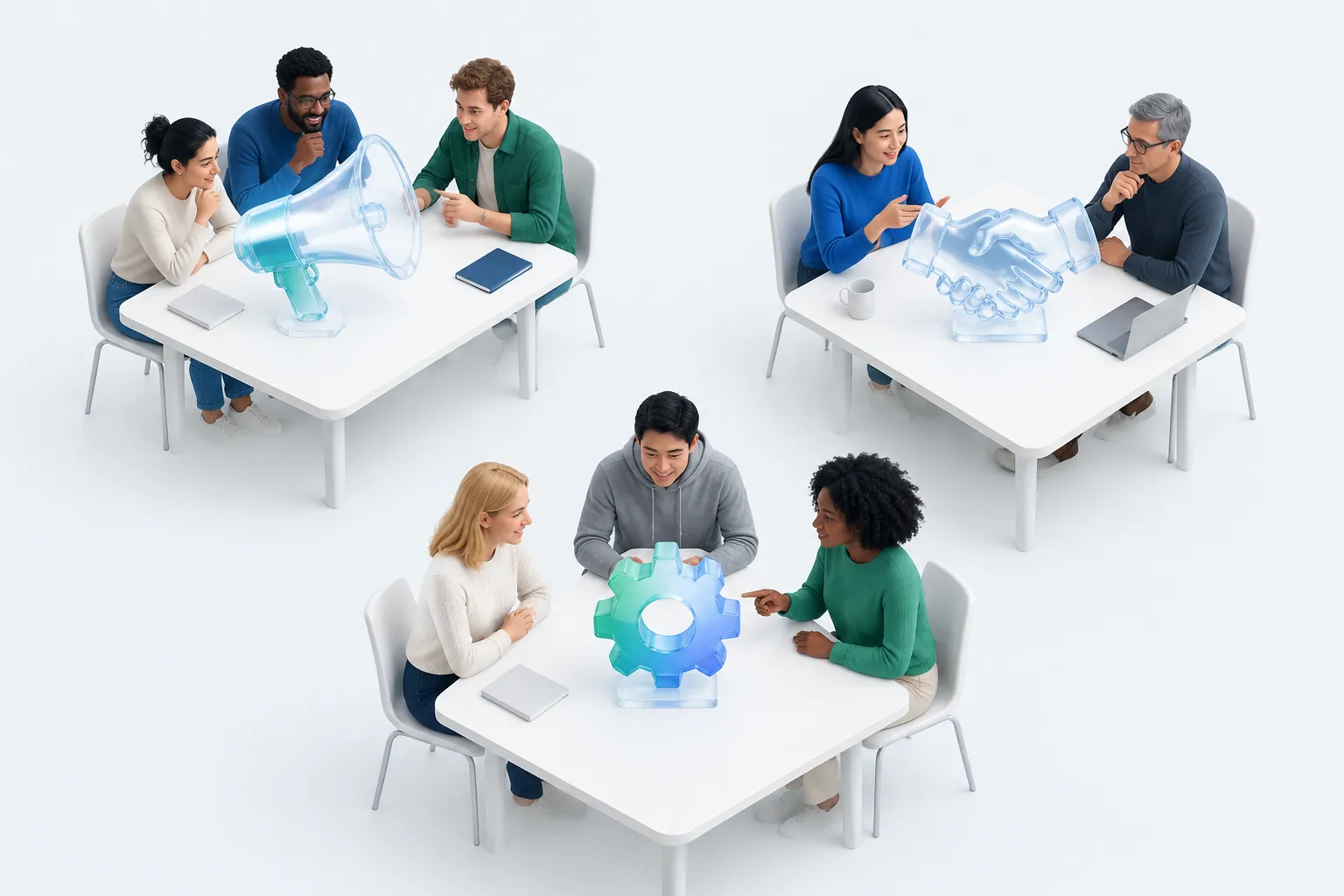 Three teams in an open office each holding a different glass lever shape representing mandate, trust and workflow interventions.