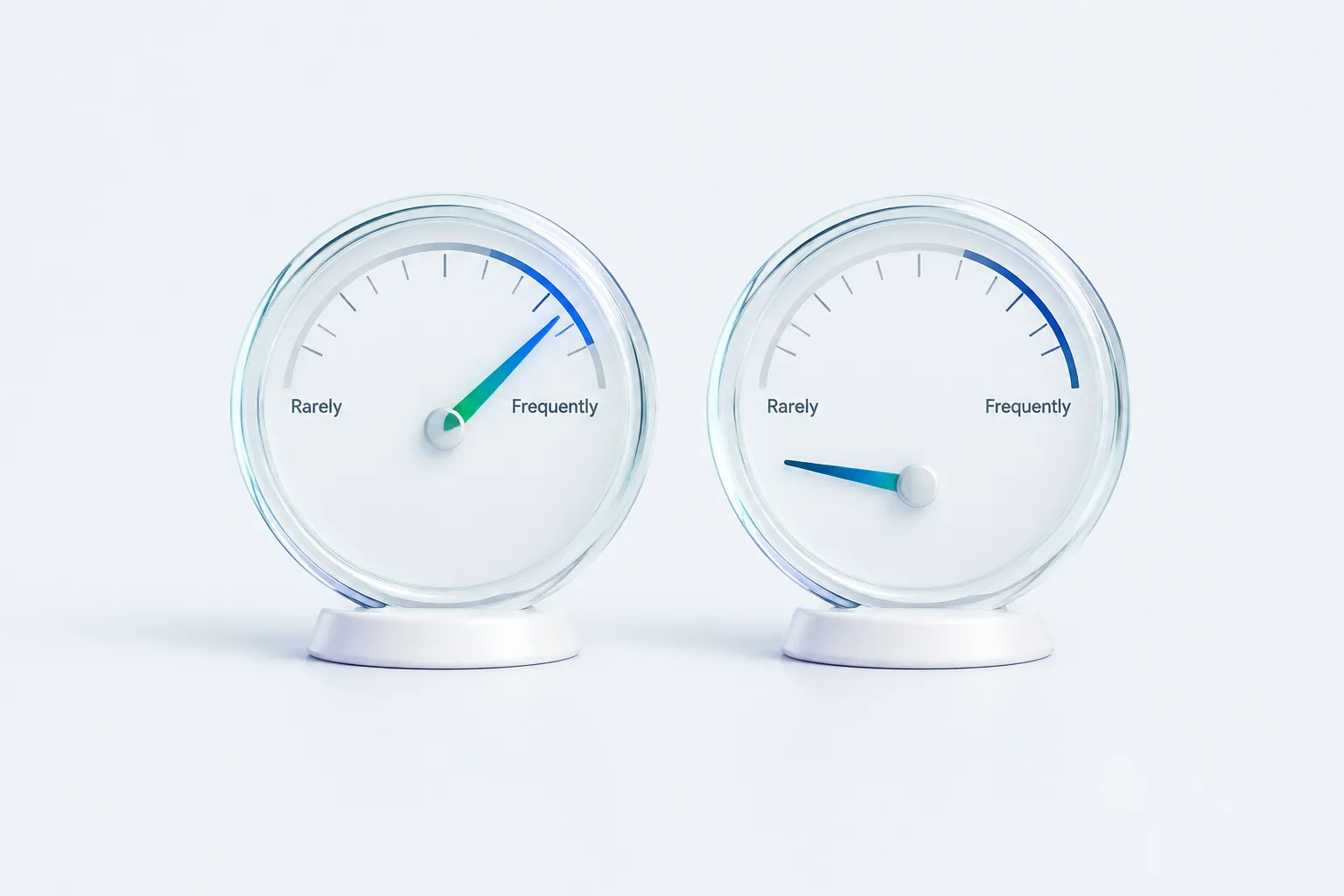Two glass gauges side by side, one showing frequent AI use and the other showing almost none.