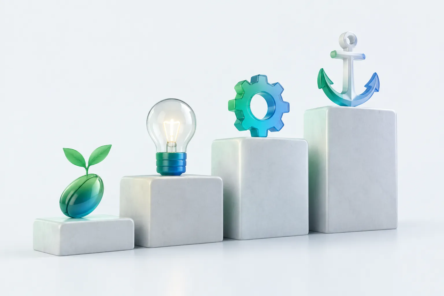 Four rising stone plinths holding a seed, lamp, gear and anchor, illustrating what is change management in project management for an AI rollout.