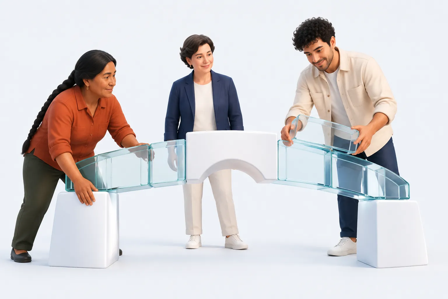 Three colleagues assemble a glass bridge around a capability piece, representing adoption signals as context for choosing an intervention.