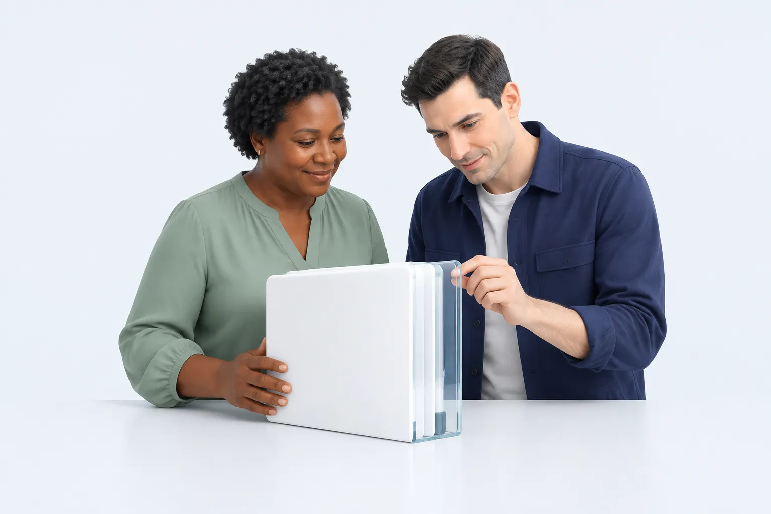 Two colleagues inspect a white test file assembly, representing review after an engineering migration.