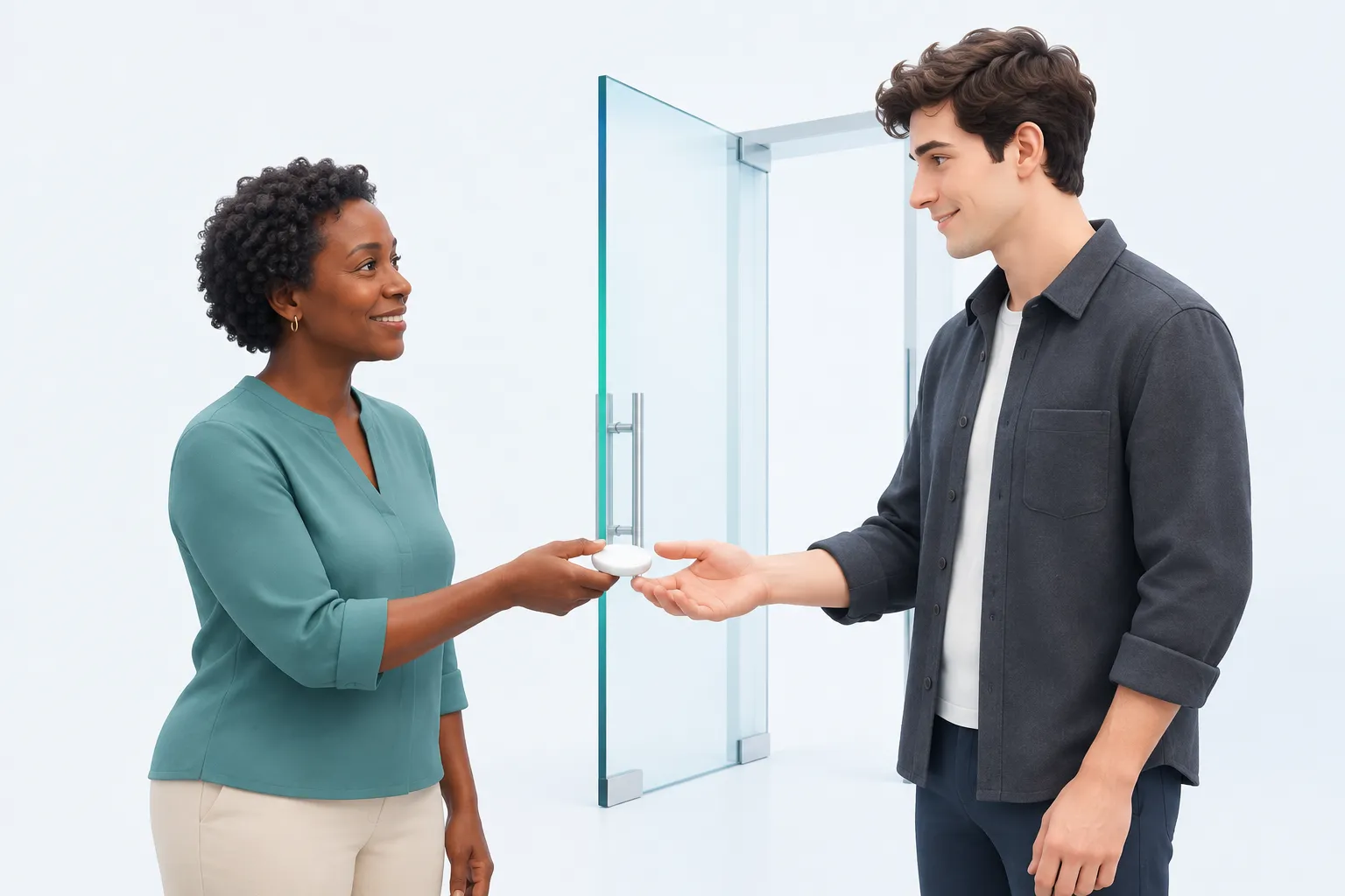 Two colleagues discuss a support request beside an open doorway, illustrating customer outcomes and access to human help.
