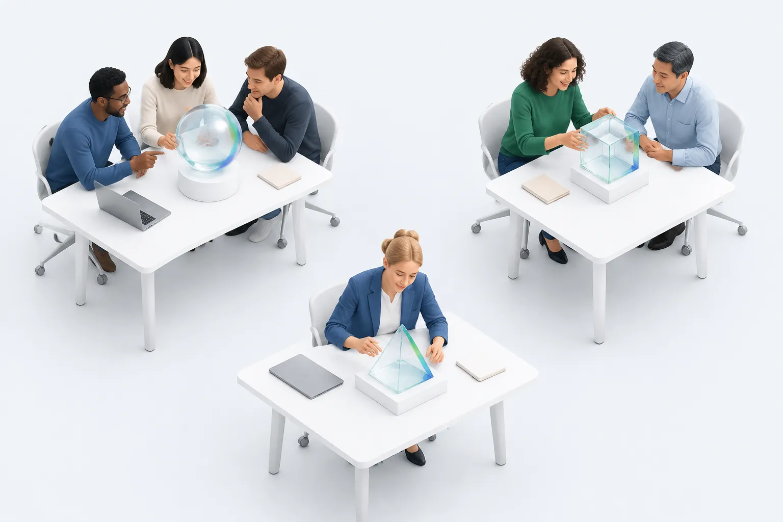 Three small teams in an open office each examining a different glass shape at separate desks.