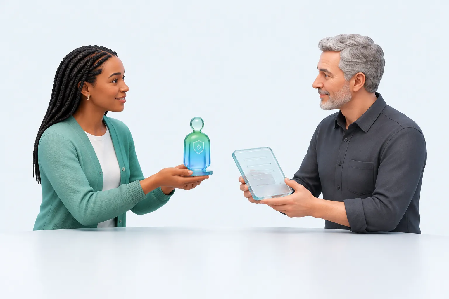 Two colleagues at a desk, one handing over a small glass engineer figure to the other, who holds a glass ledger.