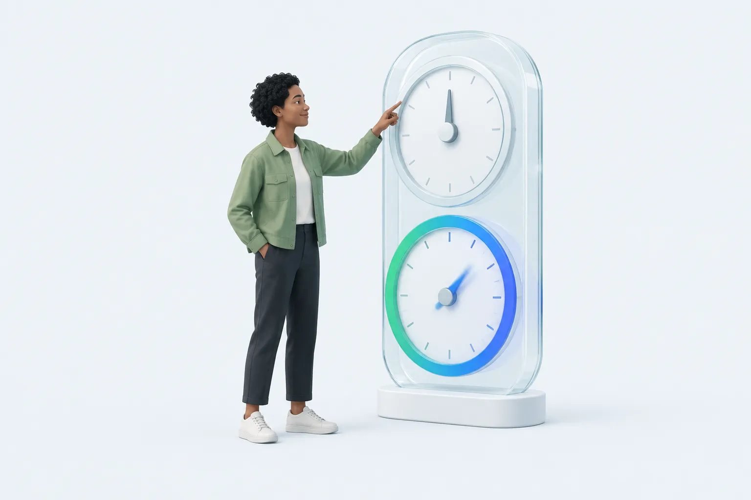 A small figure beside an oversized two-dial glass meter, illustrating how Building the system for AI at work adds a second billing layer on top of the existing one.