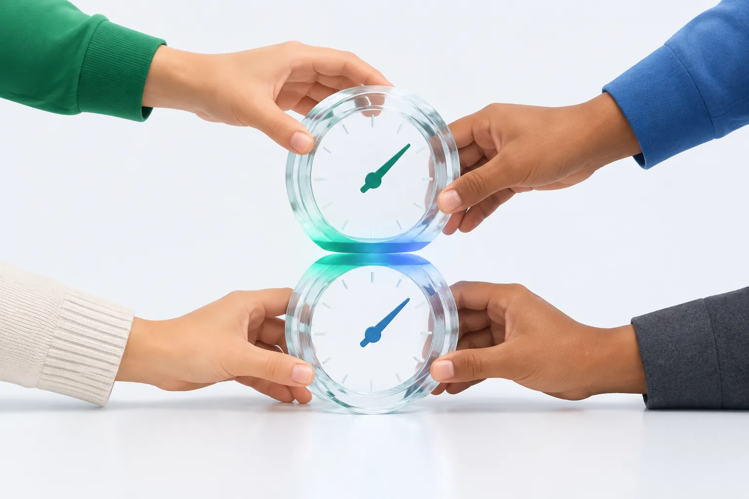 Two pairs of hands stacking two glass meter-dial rings together on a desk.