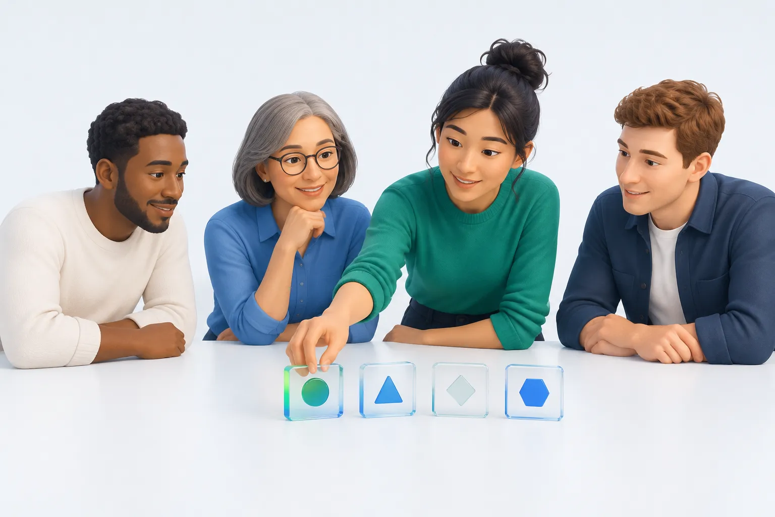A small team at a table reviewing four distinct glass tiles laid out in a row before enabling anything.