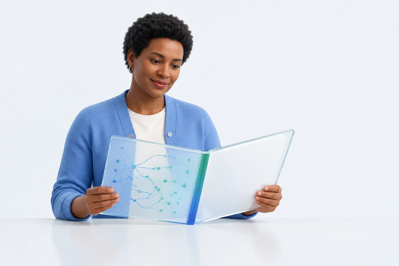 A person holds an open glass folio, one page mapped with lines and the other blank, representing turning a sector AI adoption plan into a filled-in roadmap.