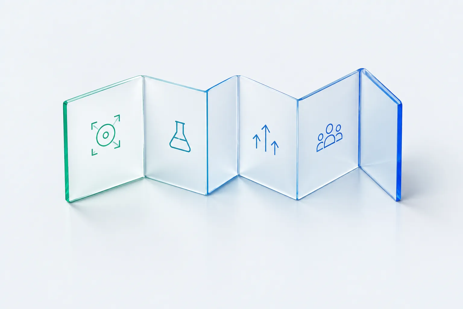 A glass accordion-fold map with five panels, one still folded, representing the five steps of turning a plan into a roadmap.