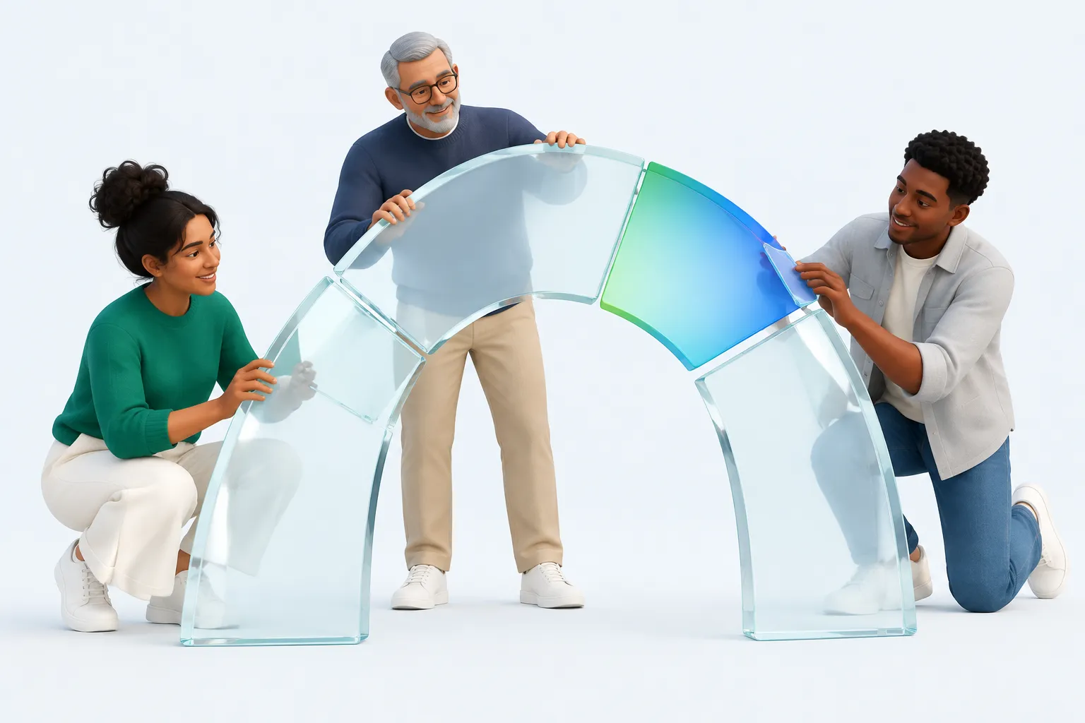 Colleagues assemble a glass arch where one section doesn't quite fit, representing friction between a published plan and an internal rollout.