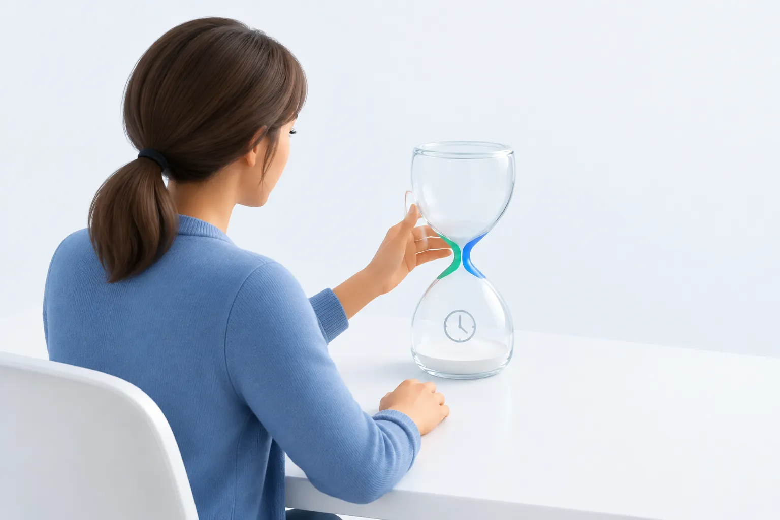 Illustration of a person adjusting a glass two-chamber gauge, representing setting a baseline before an AI adoption questionnaire PDF goes out.