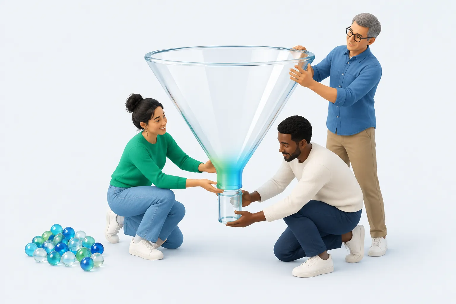 Illustration of colleagues building a glass funnel that narrows to one slot, representing forced-choice wording over open-ended lists.