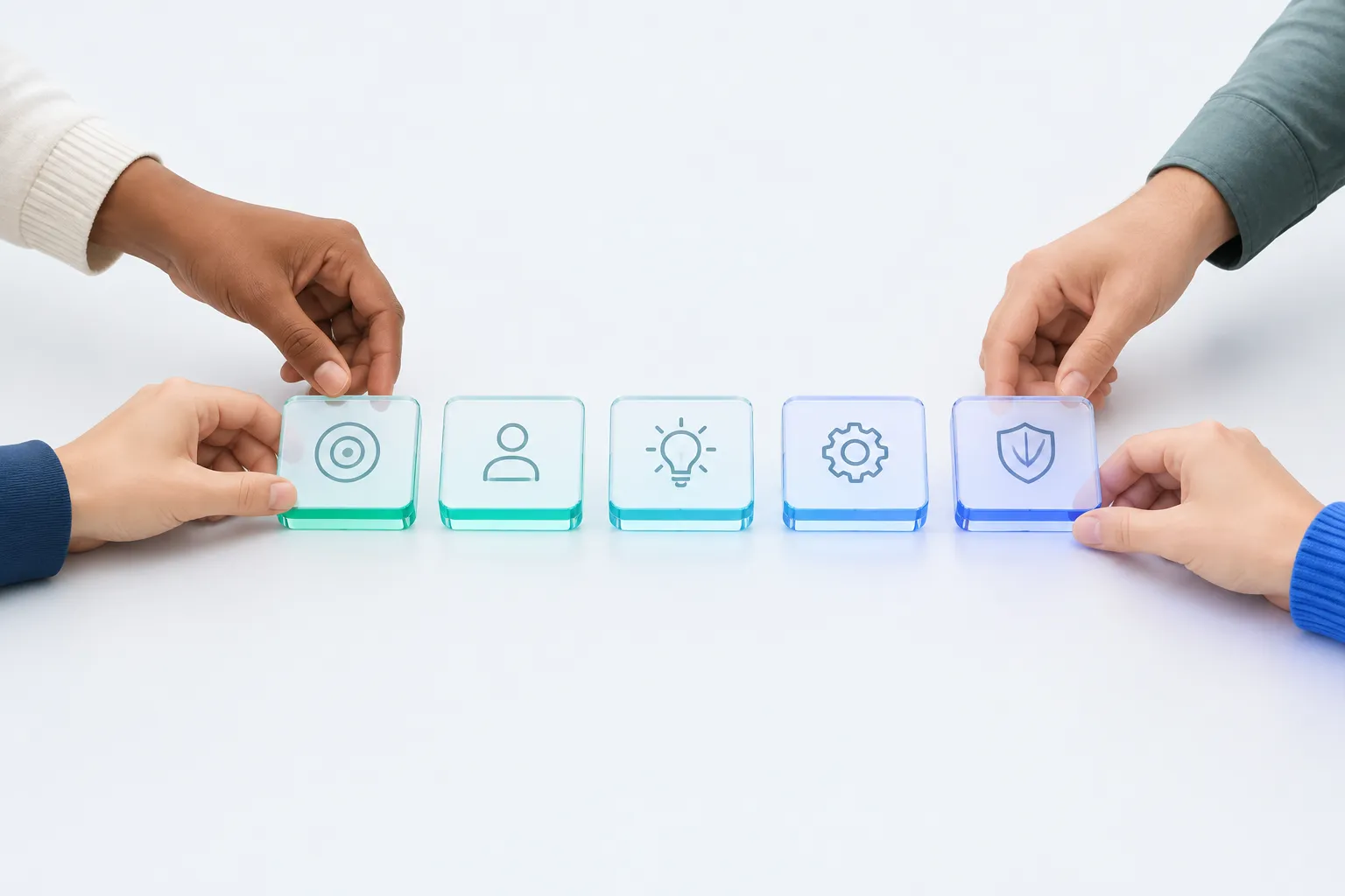 Close-up of hands arranging five small glass tiles into a row, representing the five areas a baseline questionnaire covers.