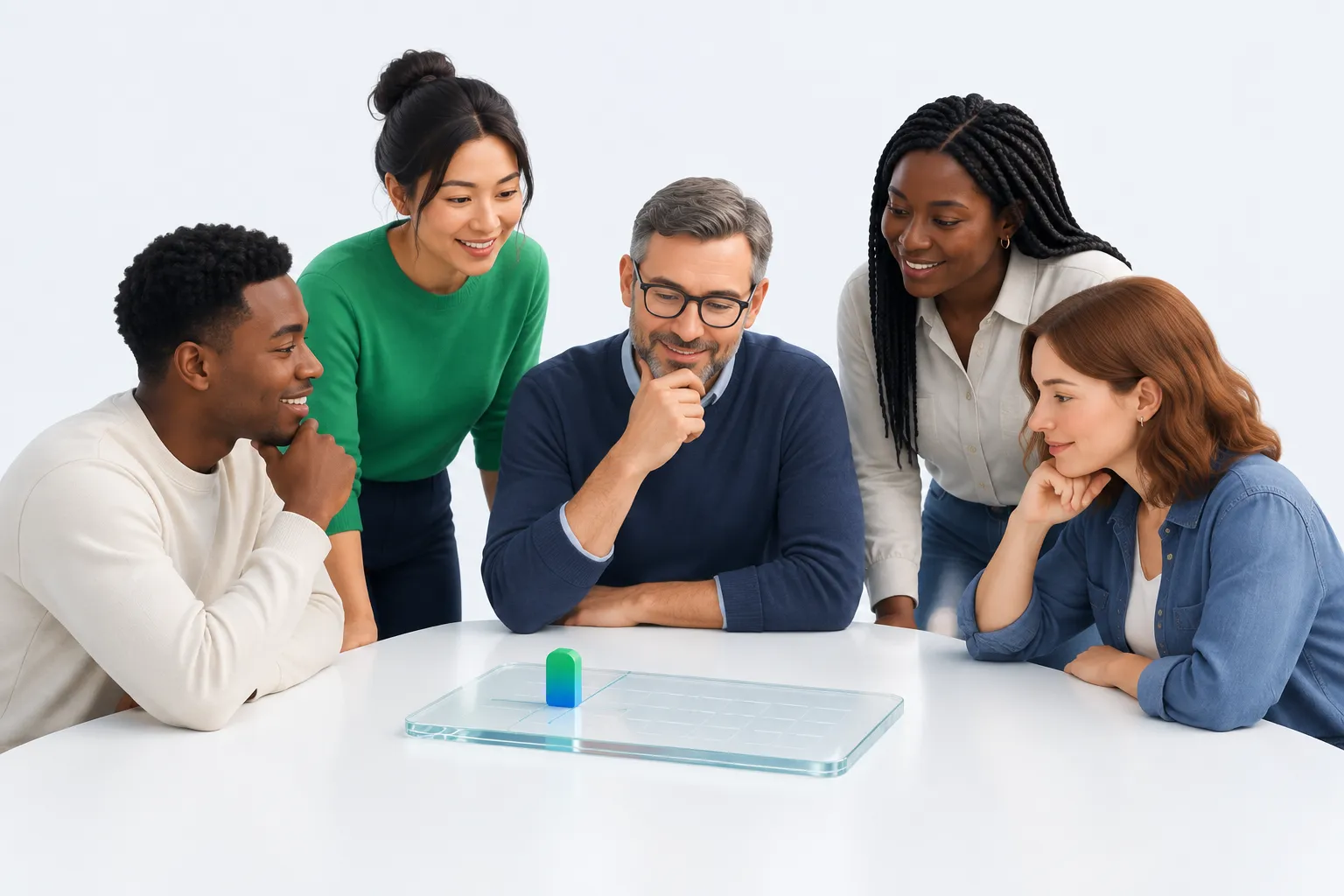 Illustration of colleagues around a table examining a glass calendar marker placed before a dividing line, representing timing a survey before rollout.
