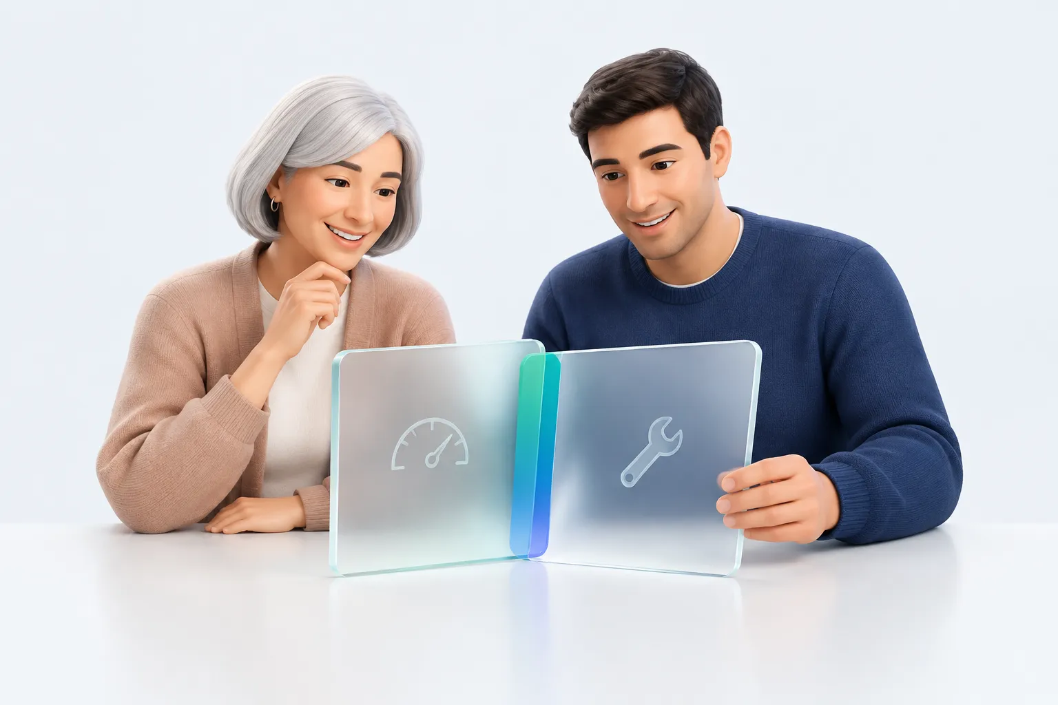 Illustration of two colleagues looking at overlapping glass panels marked with a gauge and a wrench, representing turning baseline results into a first intervention.