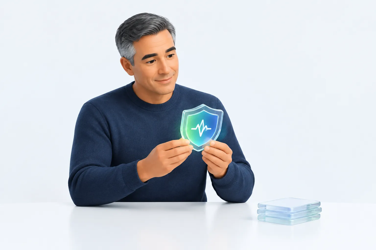 A person examines a glowing readiness badge next to a stack of blank cards representing unanswered employee questions.