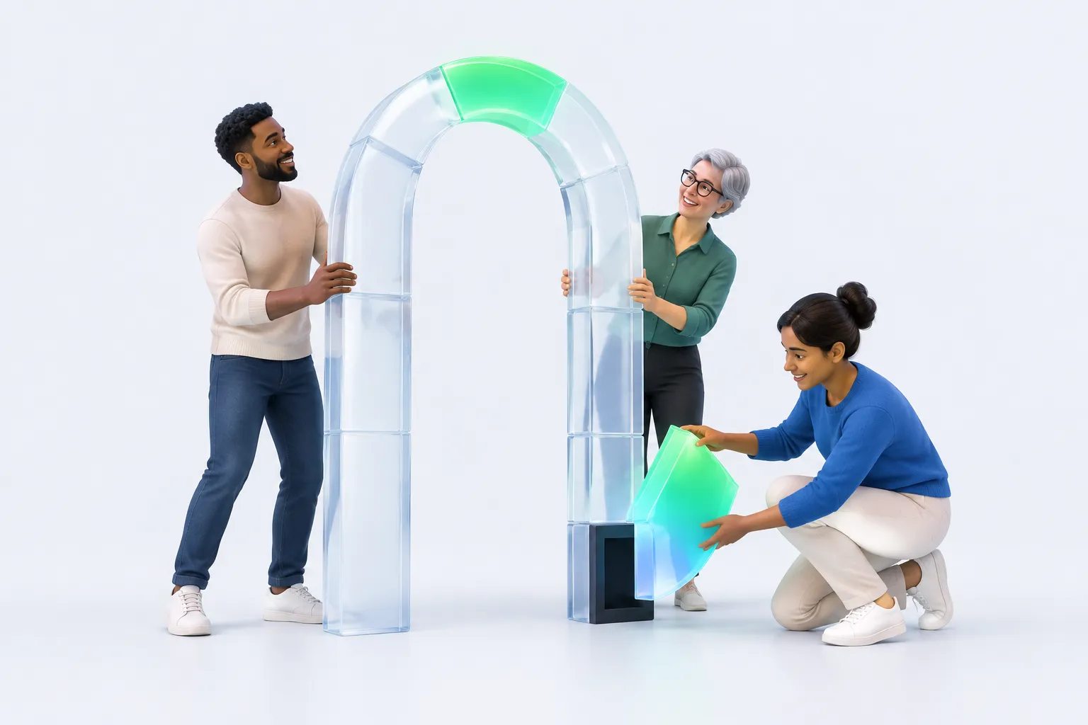 Colleagues assembling a glass scanner structure for an AI readiness assessment for ServiceNow, with one panel for employee evidence still empty.