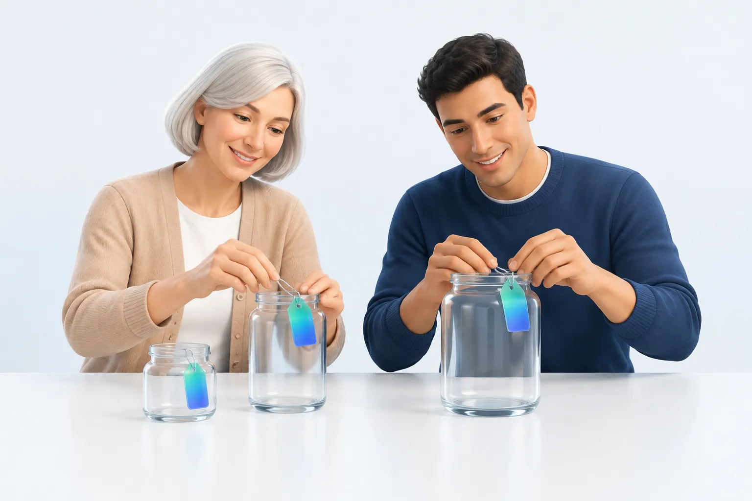 Two colleagues attaching tags to three glass jars of different sizes