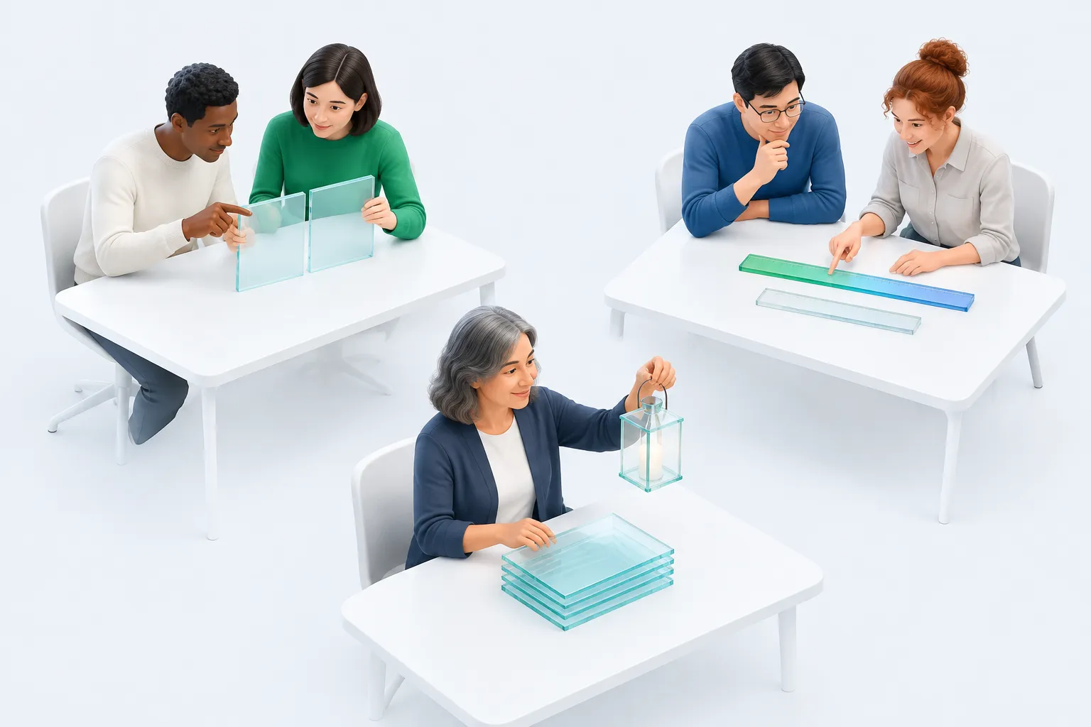 Open office from above with three groups examining different glass objects