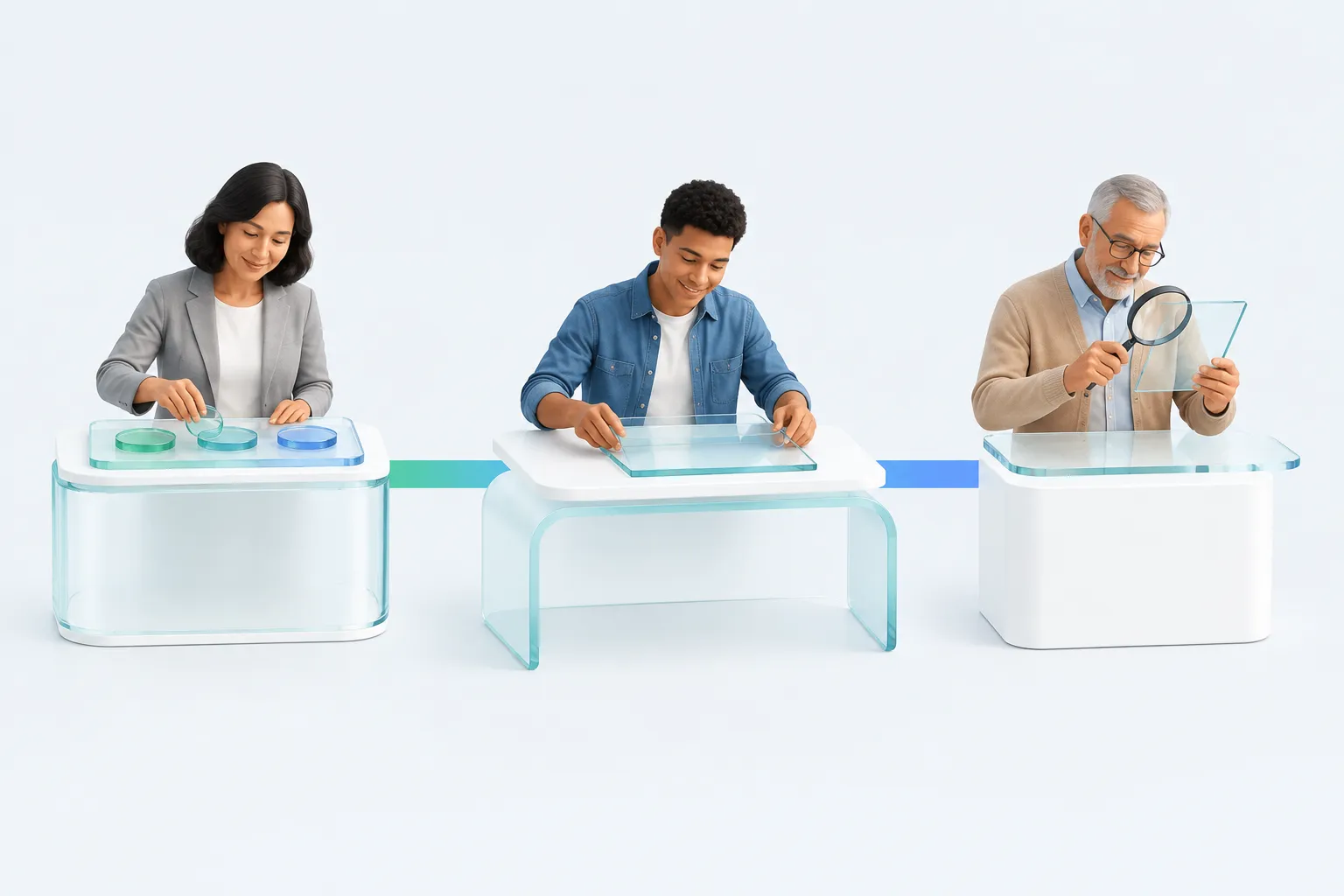 Three glass stations showing colleagues gathering tokens, assembling a sheet and inspecting it