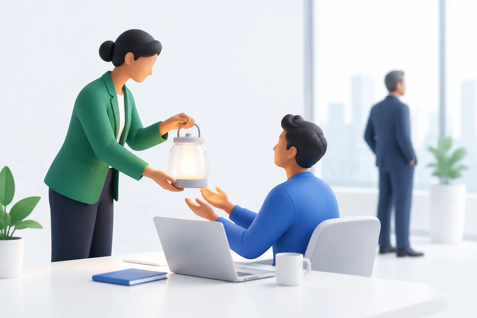 A frontline manager figure handing a glass lantern to a team member while a distant executive figure stands apart in the background.
