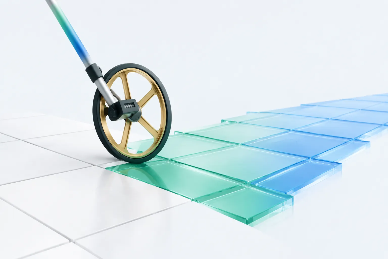 Illustration showing what is change management for an AI rollout: a surveyor's wheel rolling across a floor shifting from solid tile to translucent glass.
