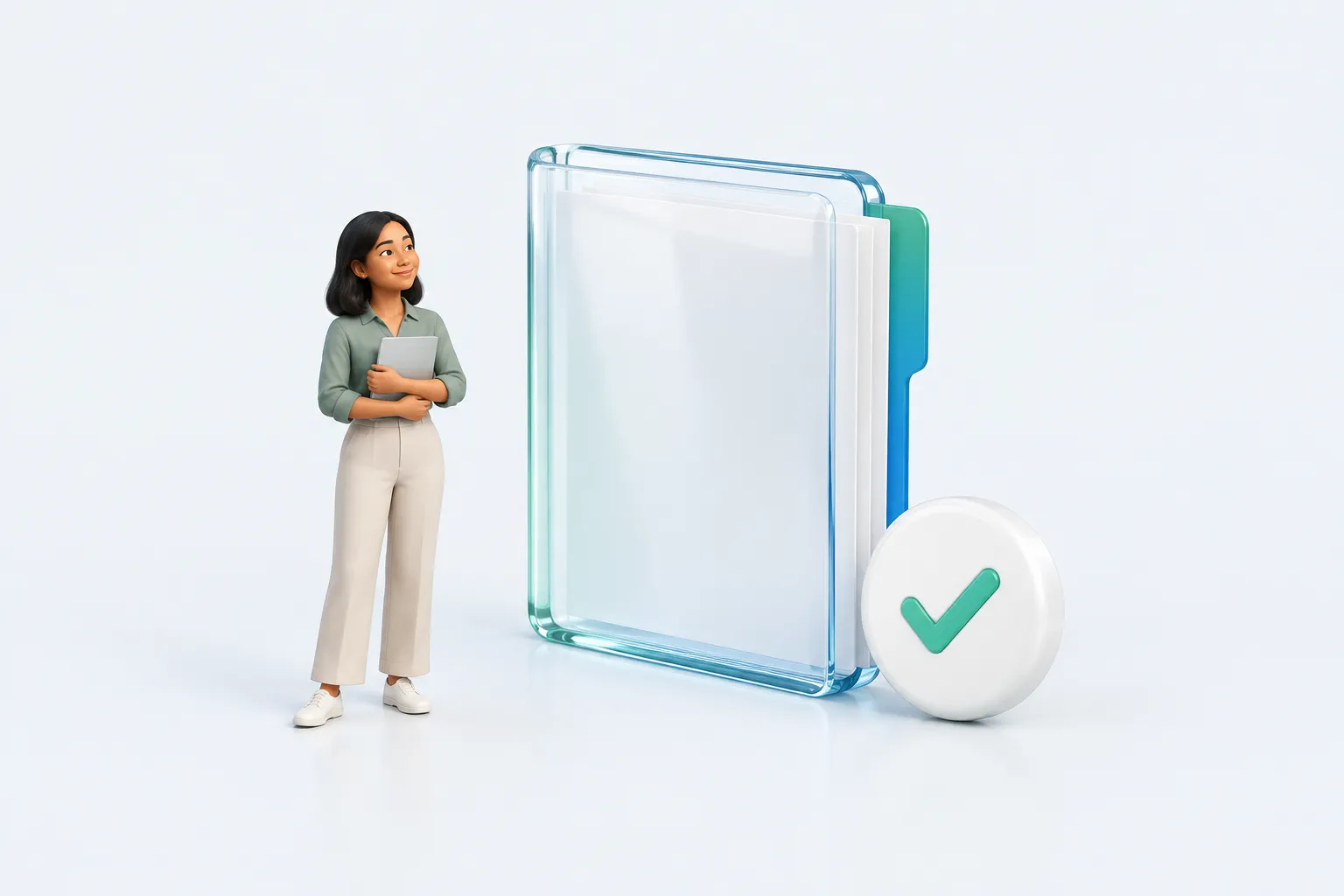 One colleague beside an oversized training folio and separate completion token, distinguishing training reach from completion.