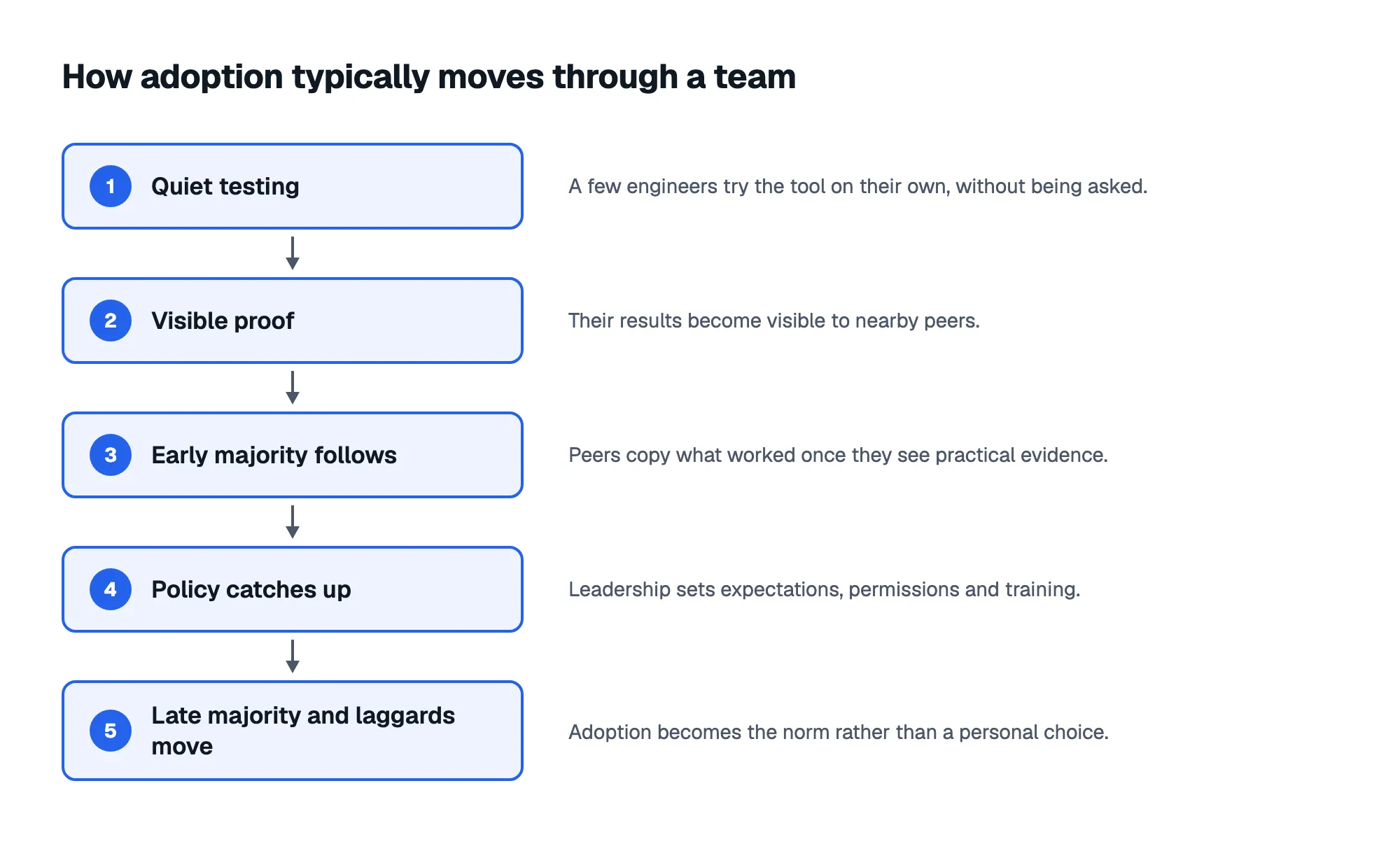 How adoption typically moves through a team: 1. Quiet testing; 2. Visible proof; 3. Early majority follows; 4. Policy catches up; 5. Late majority and laggards move