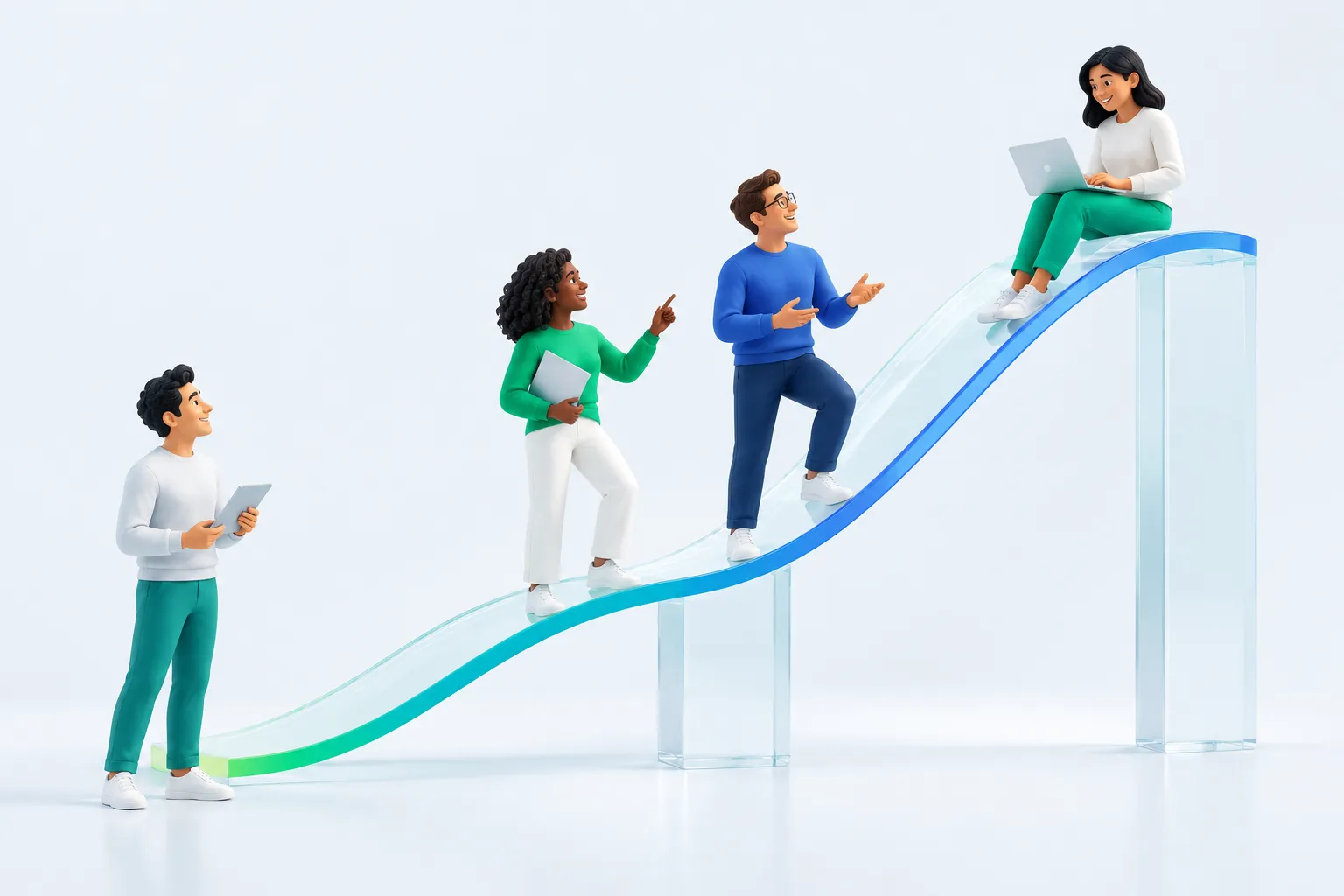 A team of colleagues positioned at different points along a rising curved glass ramp, illustrating the AI adoption curve software development follows as engineers try new tools at different speeds.