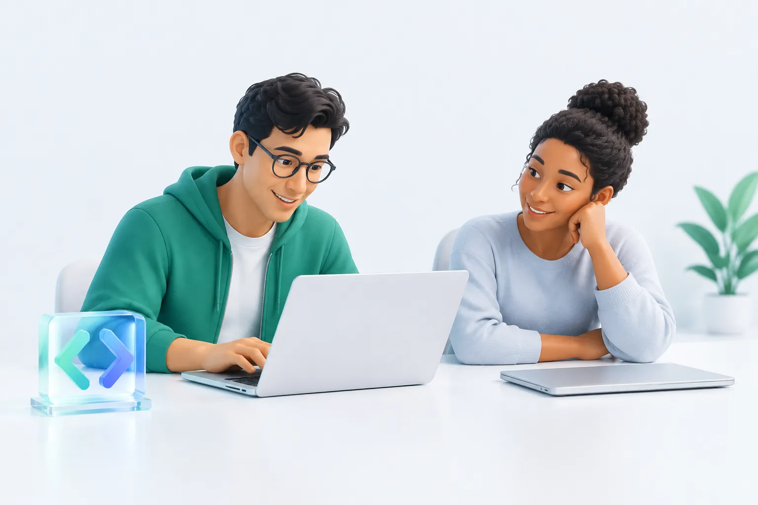 Two colleagues shown side by side, one already using a laptop tool and one still holding back, illustrating early adopters and laggards on the AI adoption curve.