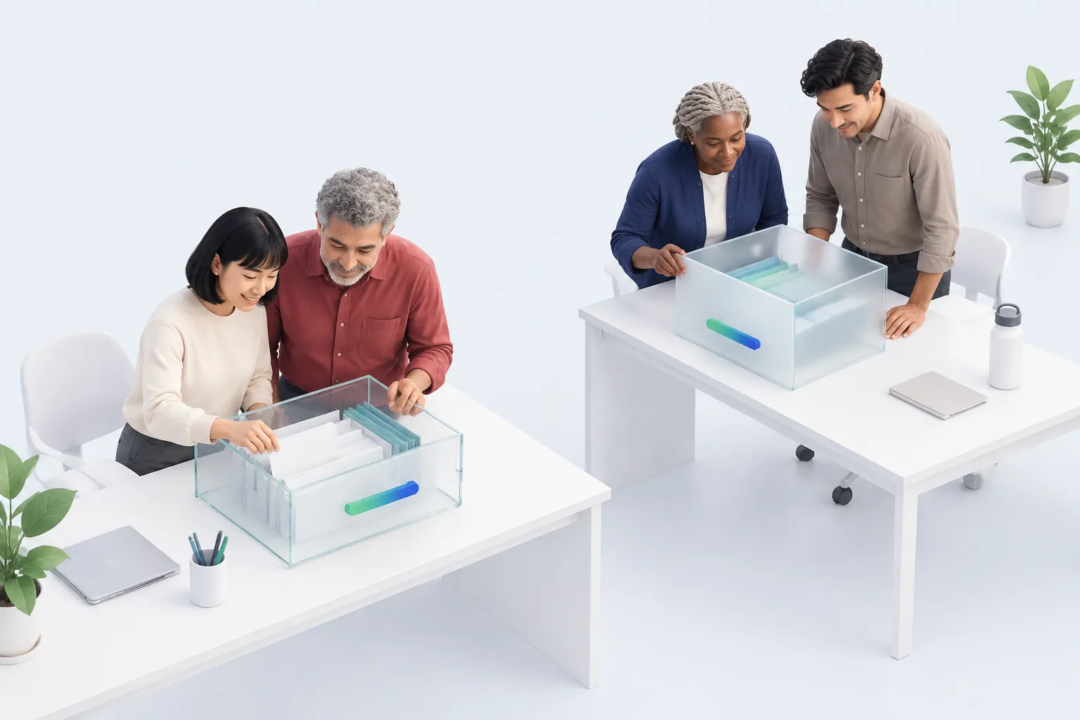 Two groups inspect transparent and frosted archive drawers at separate desks.