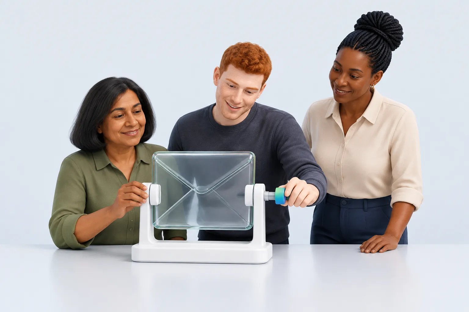 Three colleagues review a glass envelope held steady in a drafting clamp.