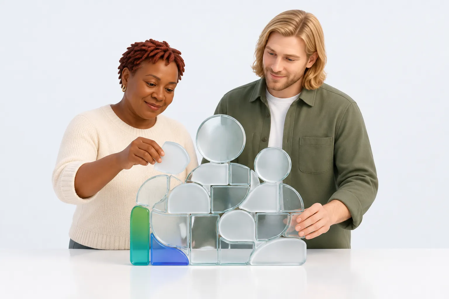 Two colleagues replace distinctive glass mosaic pieces while preserving the overall shape.