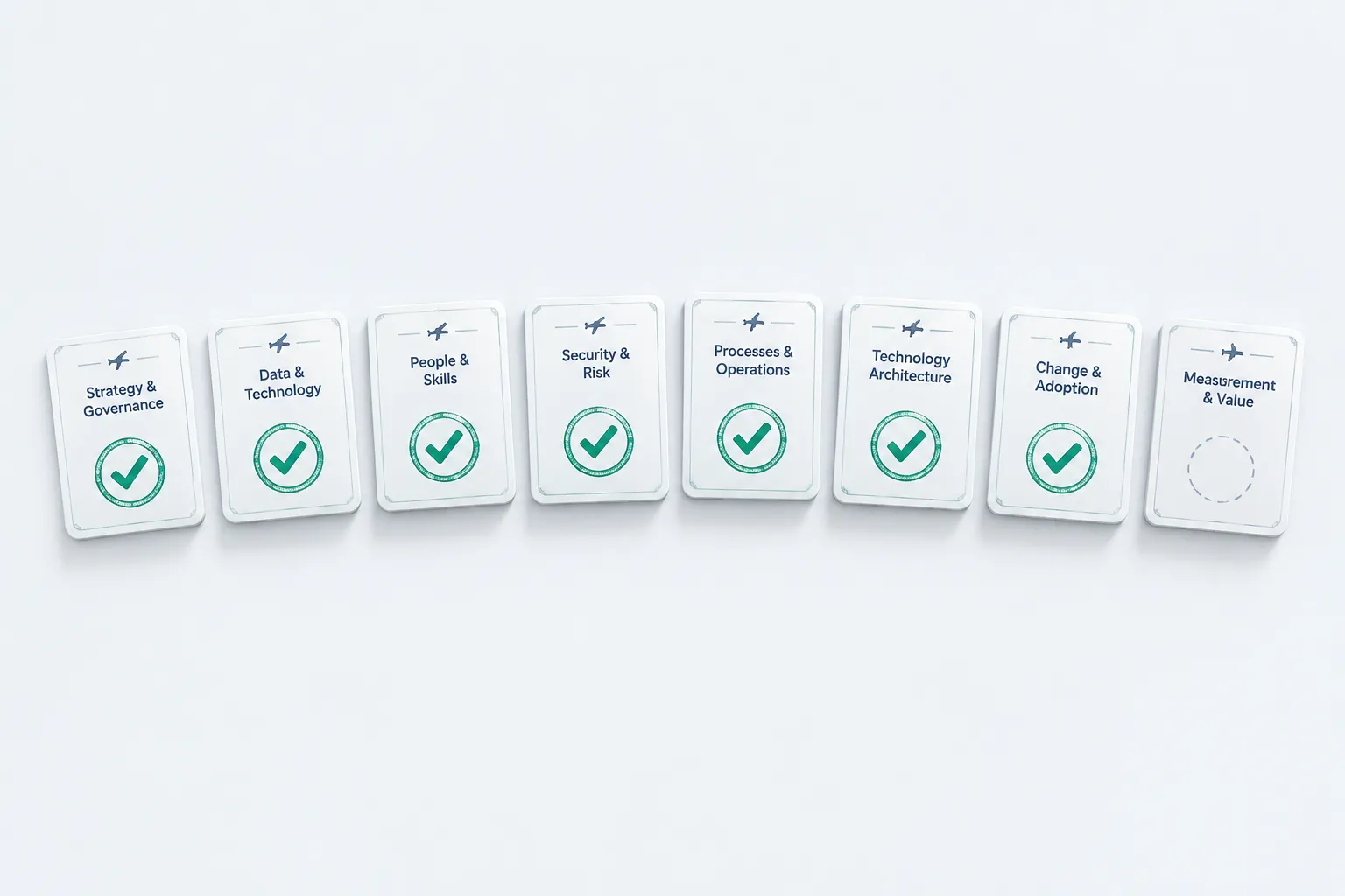 Eight stamped card-like tokens in a row, most approved with a checkmark seal and one still blank, symbolizing checklist completion