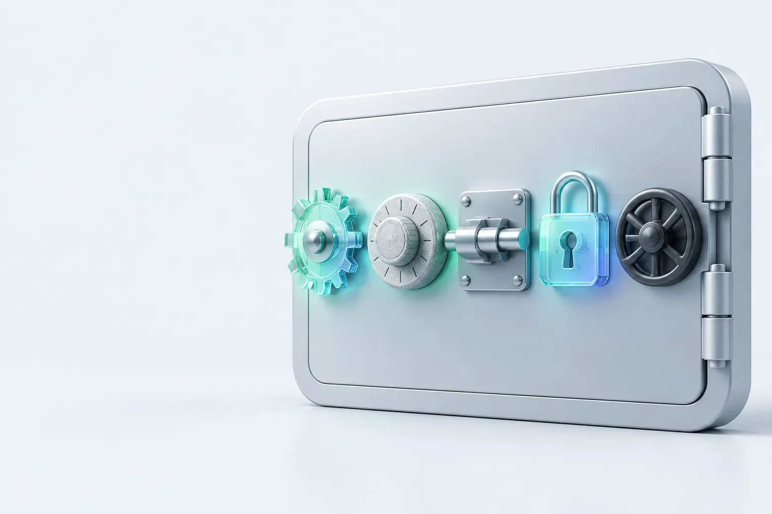 A vault door with six different sculptural locks, most glowing and one still dark, symbolizing organizational AI readiness across multiple dimensions