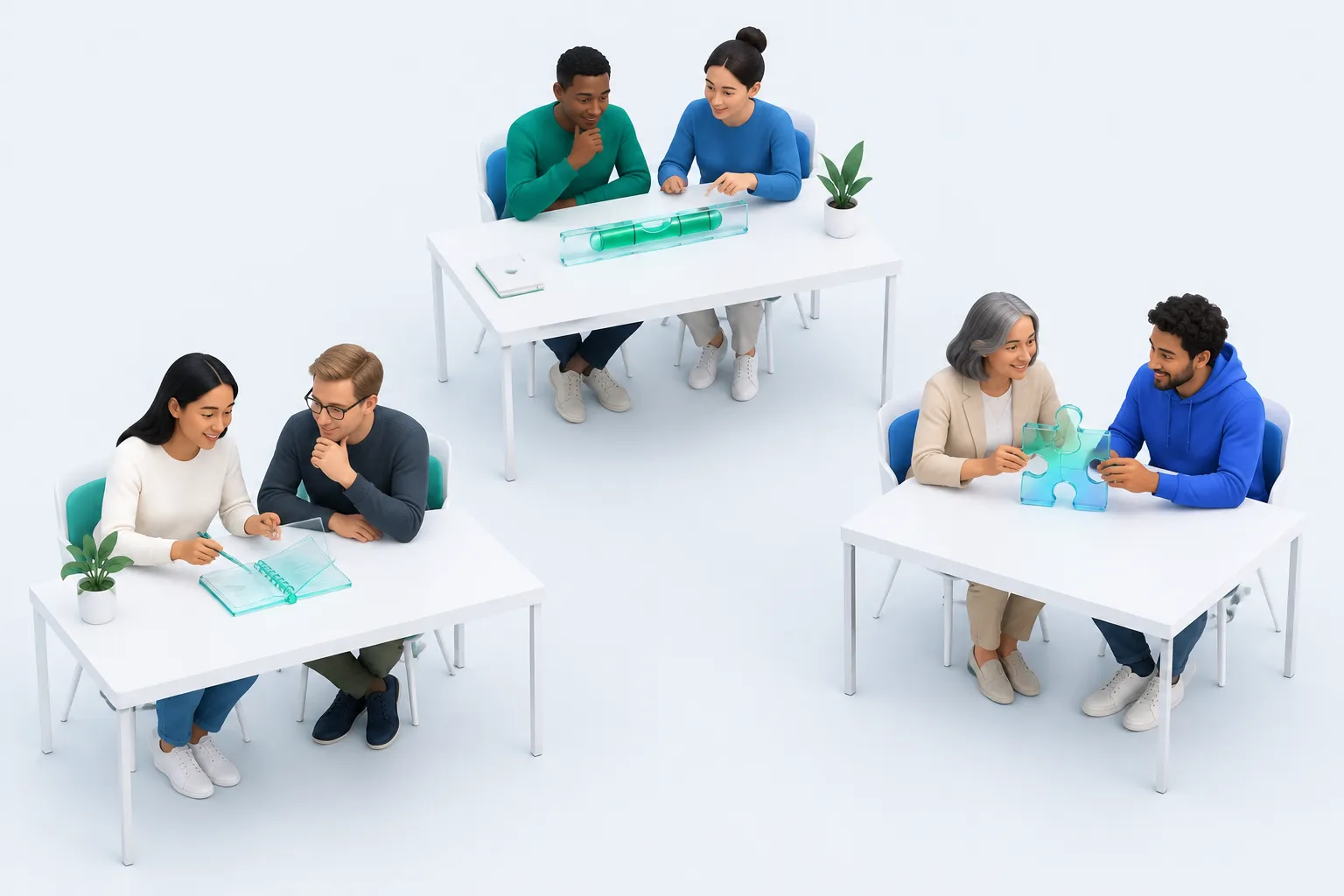 An office viewed from above with separate teams each working with a different training-related glass object, representing staged AI skills training.