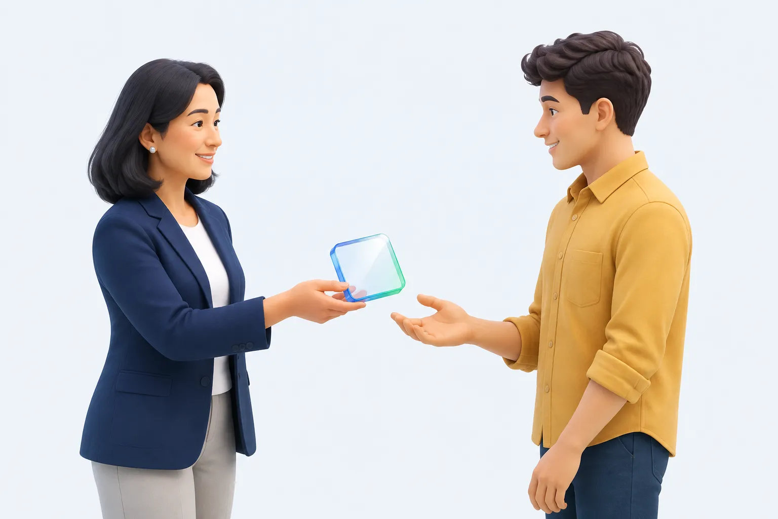 A hiring manager handing a glass blueprint tile to a candidate, representing an interview focused on product judgment rather than code tests.