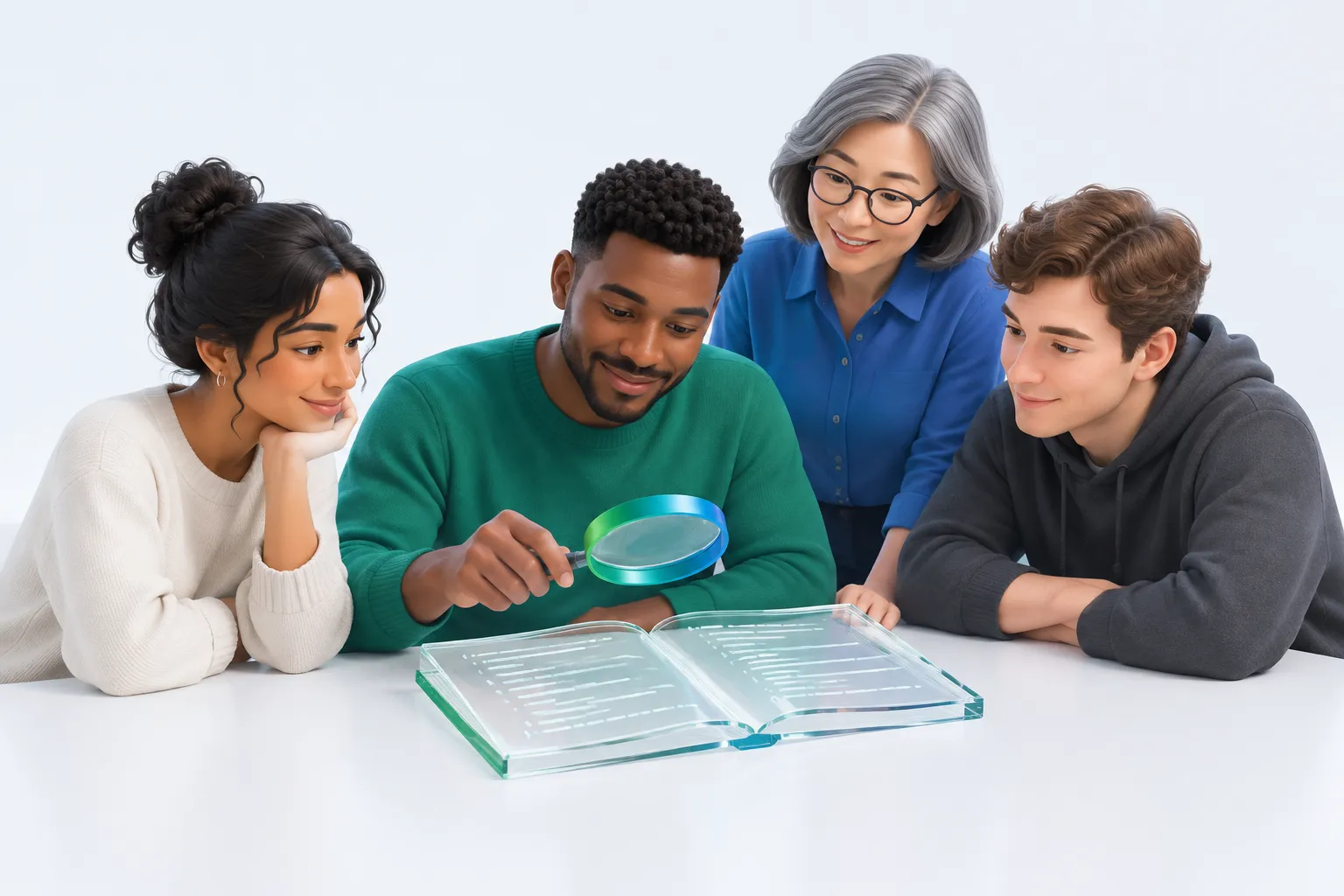 A team examining a glass notebook with a magnifying loop, representing preserving engineers' understanding of AI-written code.