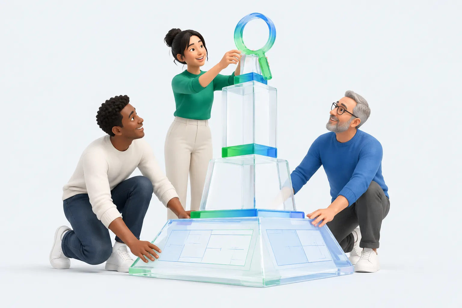 Colleagues assembling a glass structure topped with a magnifying-loop piece, symbolizing judgment as the capstone skill for AI-first engineers.
