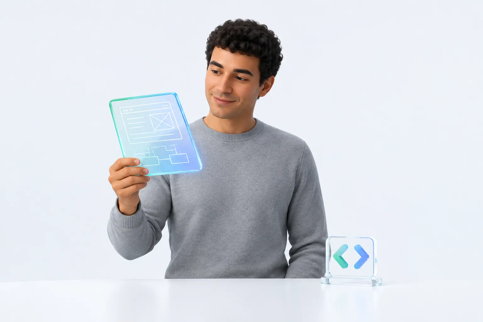 A conceptual illustration of AI-first engineers: one engineer holds a glass blueprint shape beside a smaller code-bracket sculpture, showing the shift from code to product judgment.