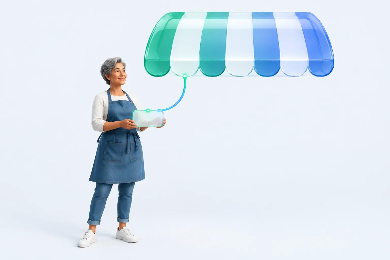 A small business owner stands beside an oversized glass storefront shape representing OpenAI's new advisor network reach.