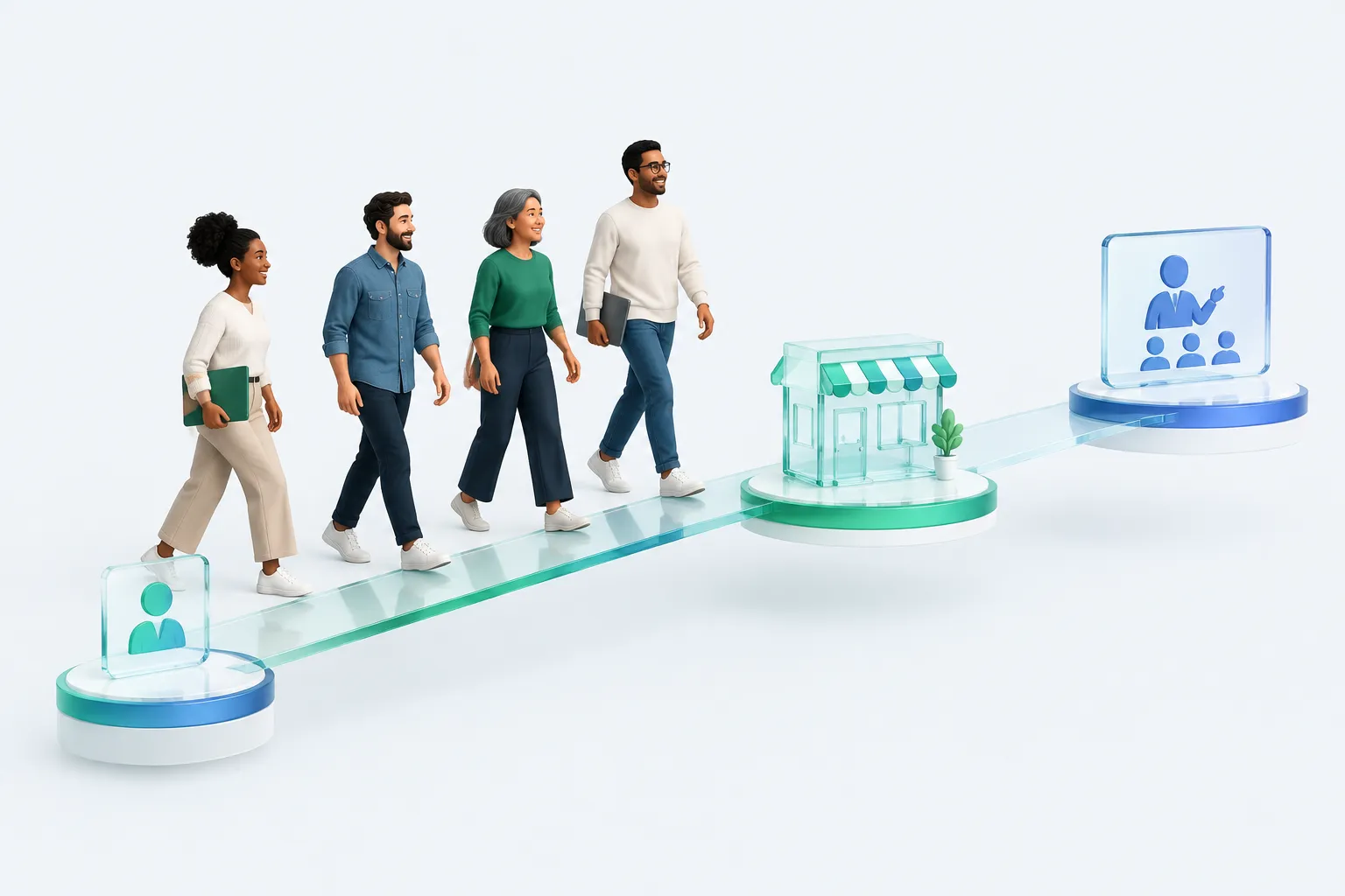 Colleagues move along a staged glass path, helping small businesses put AI to work through named advisors and resources.