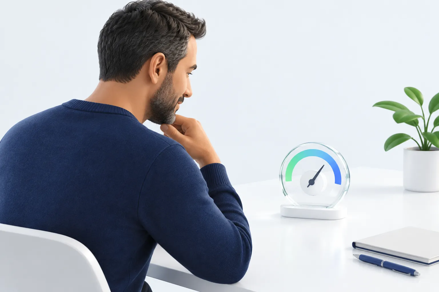 A person studies a glass measuring gauge on their desk, representing the need to measure a team's own AI adoption.