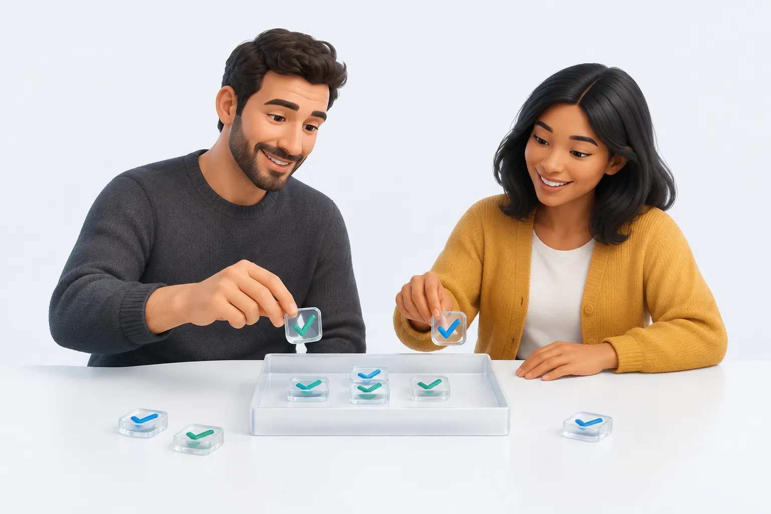 Two colleagues place glass checkmark tiles onto a shared tray, representing practical next steps for an AI rollout leader.