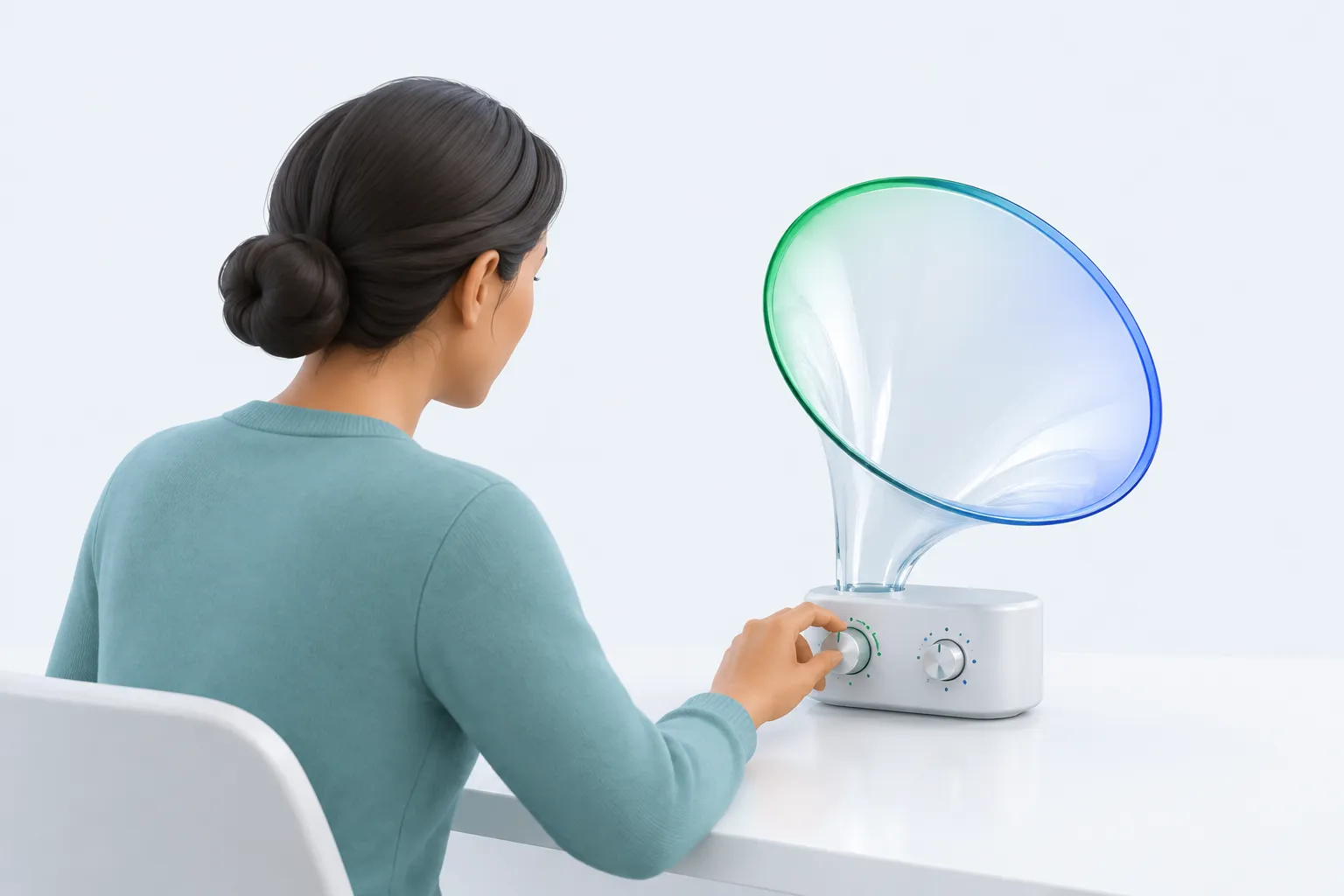 A person adjusting a glass amplifier-shaped object with two dials, representing AI amplifying a team's existing strengths and weaknesses.